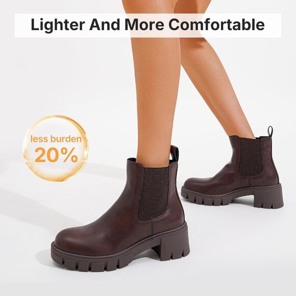 Vepose Women's Brown Faux Chelsea Leather Lug Sole Elastic Slip on Ankle Booties - Picture 3 of 9